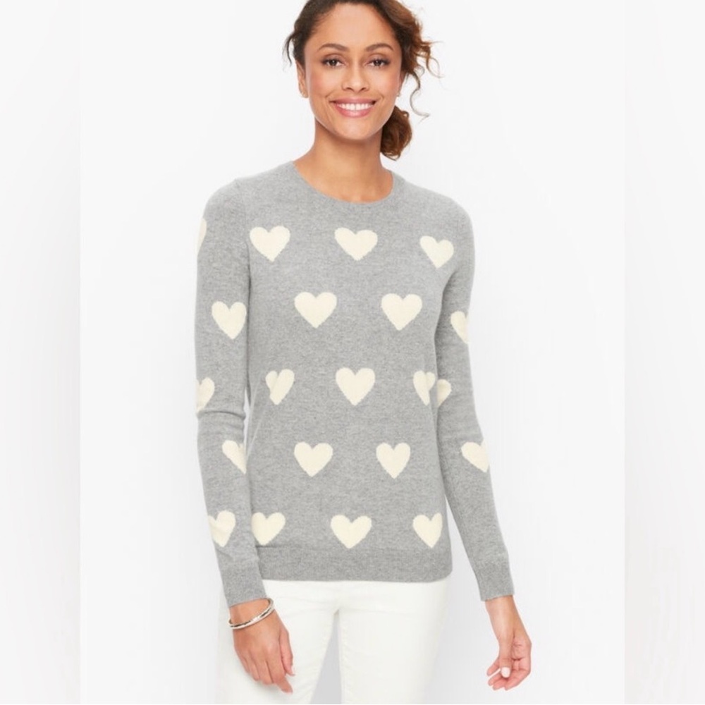 2X Talbots CASHMERE HEARTS CREWNECK SWEATER Ivory Heart Motif